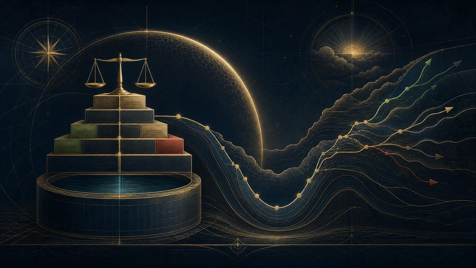 Atlante visivo della gestione del rischio: capitale stratificato, bilancia fra esposizione e protezione, valle di drawdown e percorsi possibili