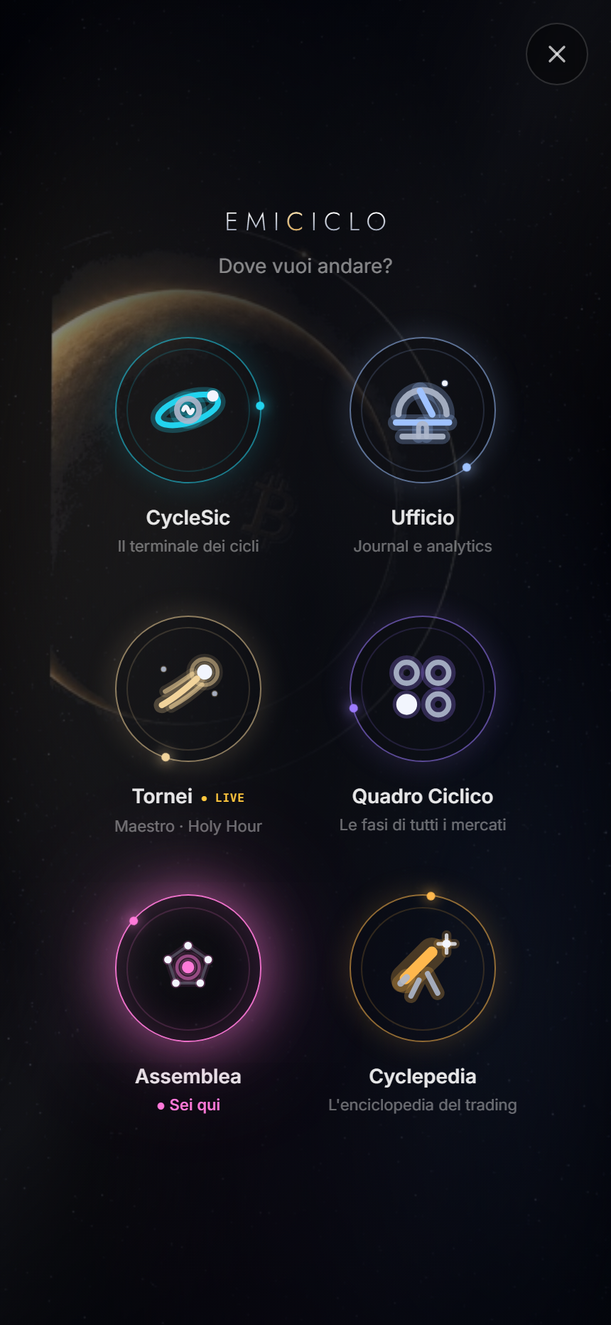 Mobile Cosmo menu with six Emiciclo environments arranged in two columns