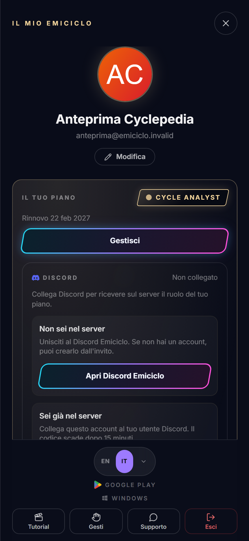 Mobile Emiciclo profile with fixed language, tutorial, gestures, support and logout controls