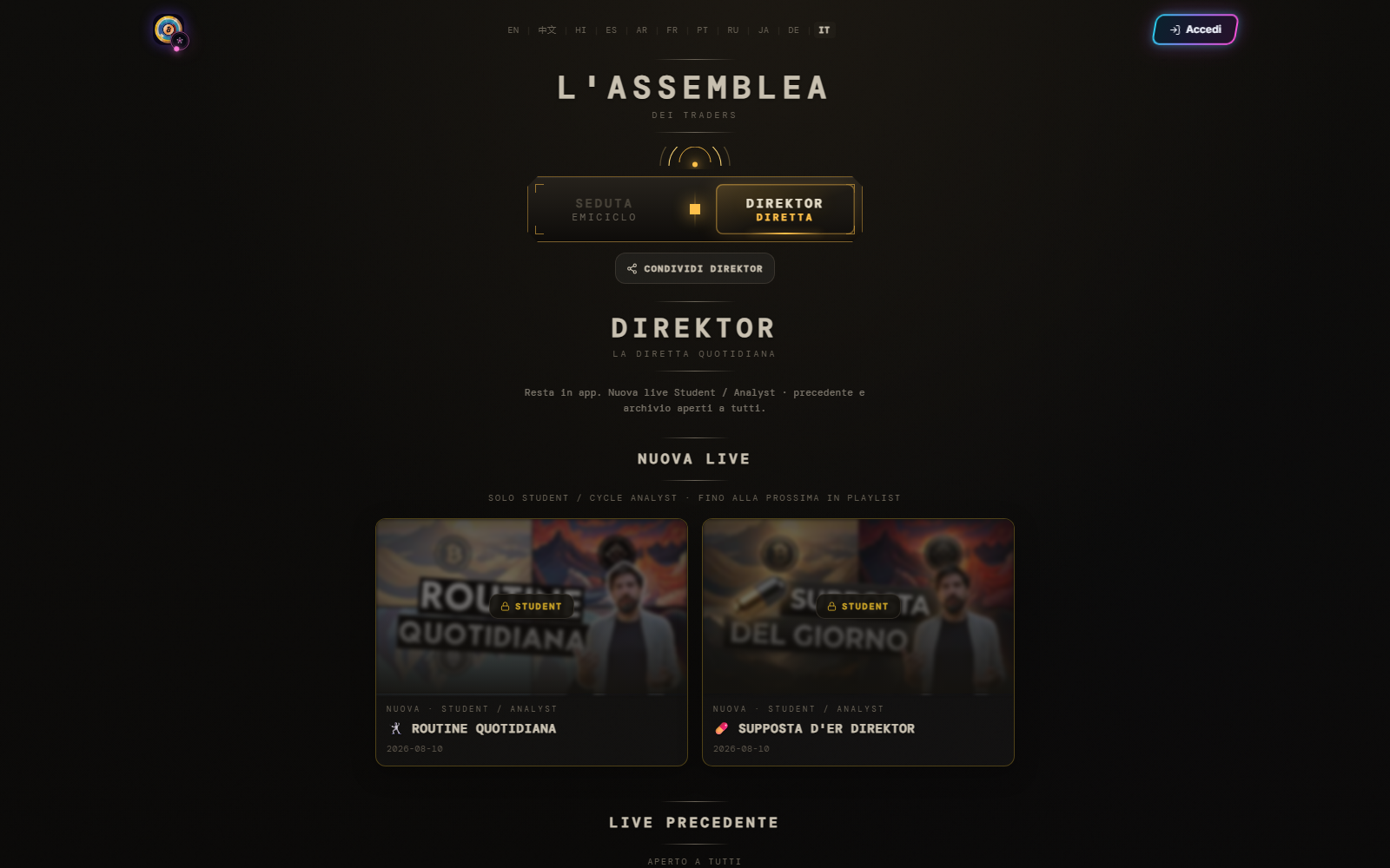 Hub de escritorio auténtico de Direktor con nuevos directos, episodios anteriores, archivo y control para compartir