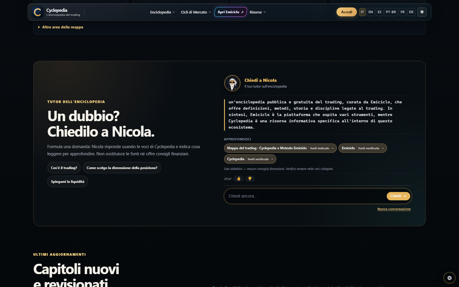 Conversazione autentica con Nicola, fonti, campo Chiedi ancora e comando Nuova conversazione