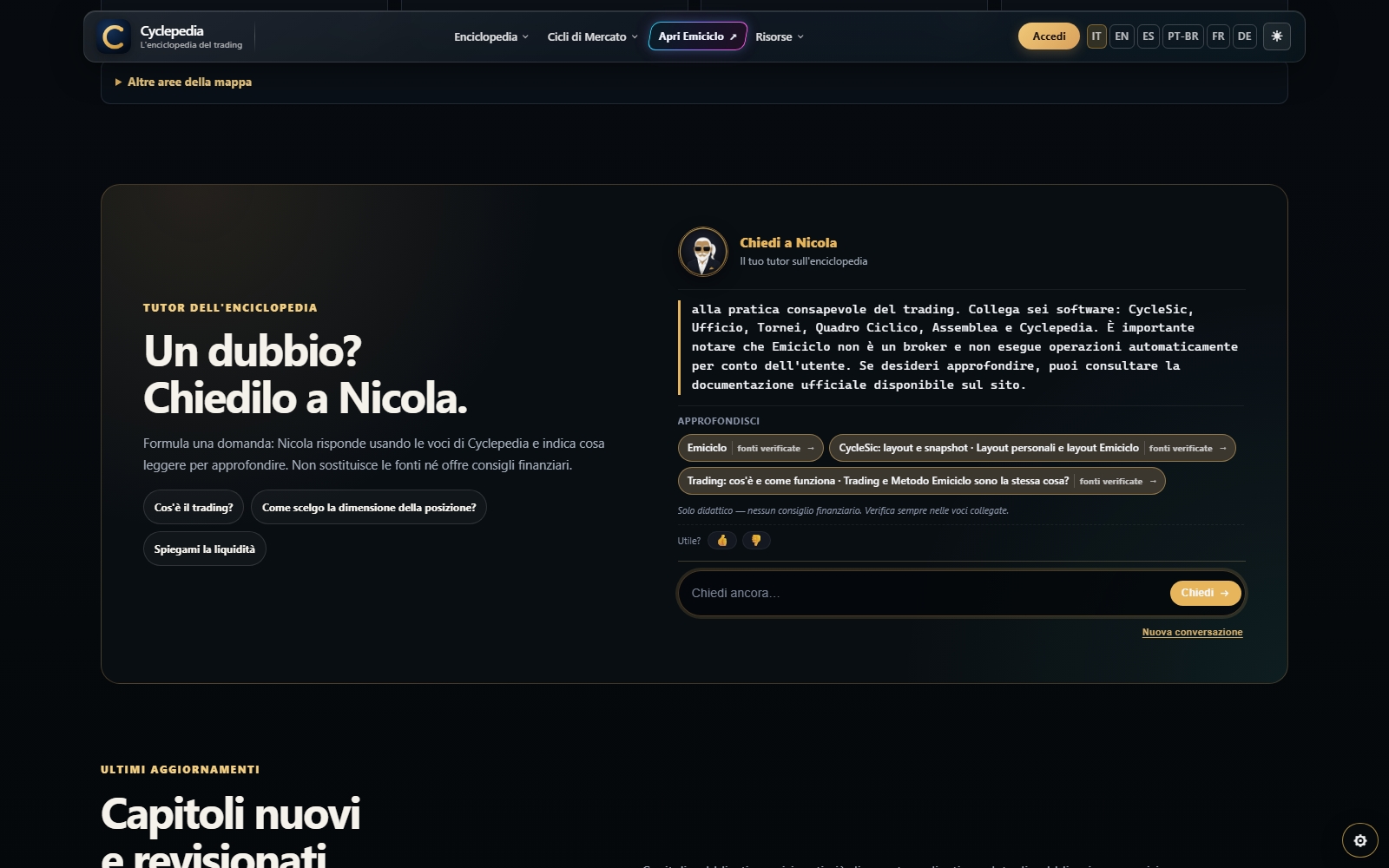 Risposta autentica di Nicola con collegamenti Approfondisci, etichette di evidenza, feedback e nuova conversazione