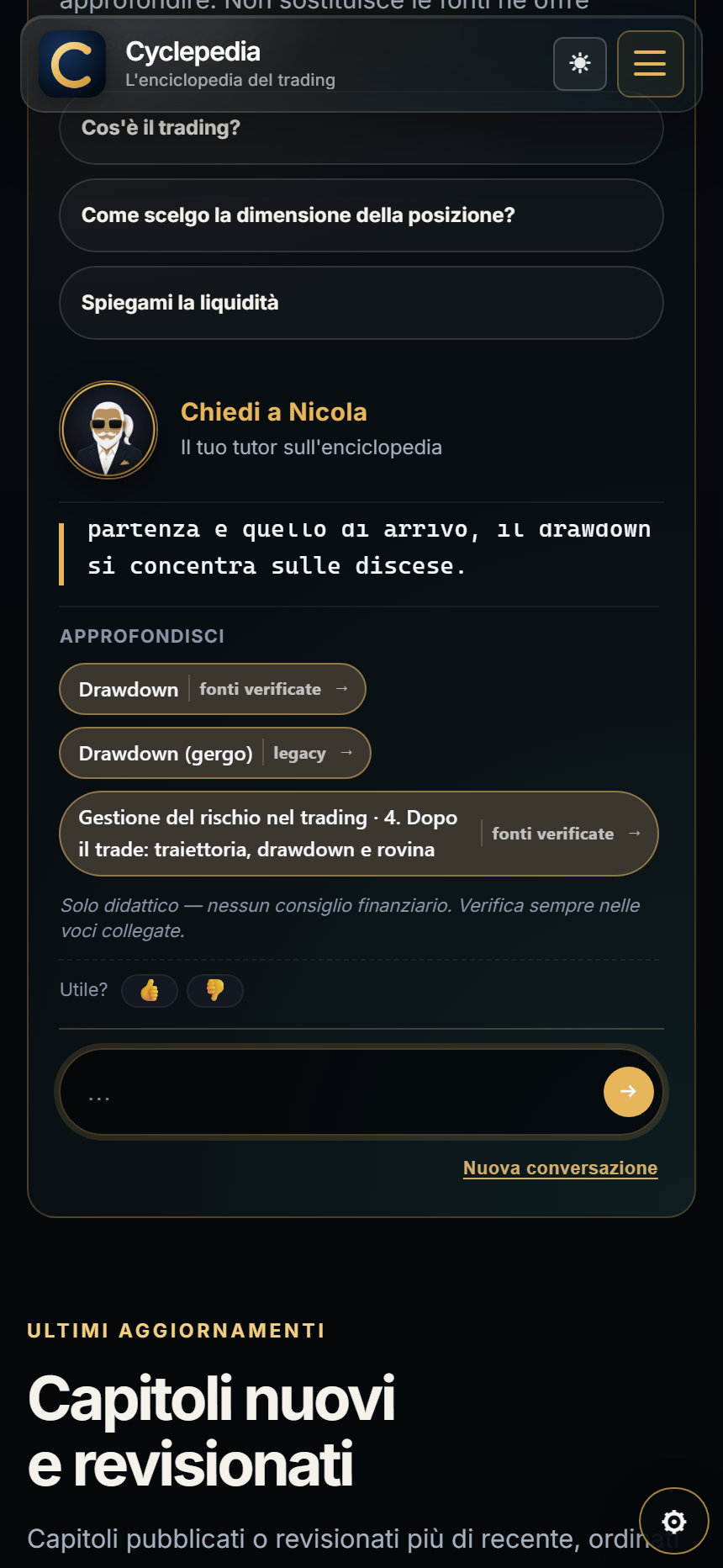 Risposta autentica di Nicola su smartphone con fonti, feedback, campo Chiedi ancora e Nuova conversazione