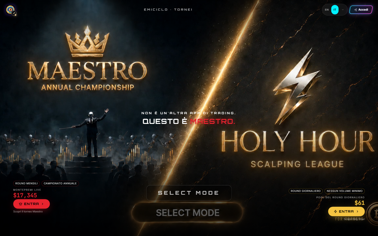 Hub auténtico de Torneos en escritorio con las zonas Maestro y Holy Hour, acceso, pools y botones Entrar