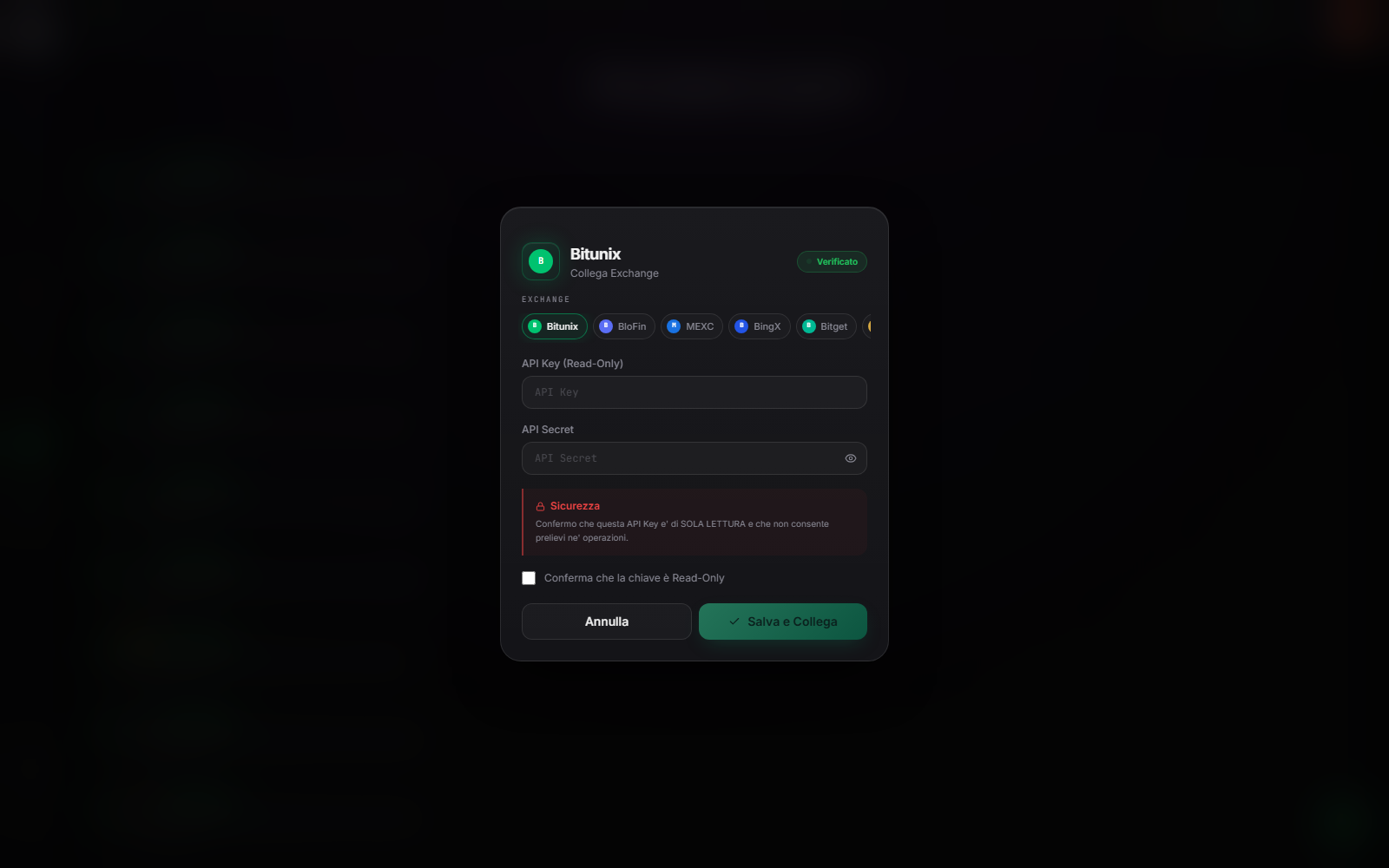 Ventana auténtica de Ufficio para conectar Bitunix con API Key, API Secret, aviso de seguridad y confirmación de solo lectura